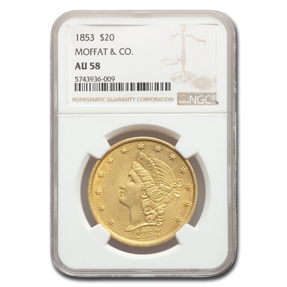 1853 $20 Moffat & Co. Liberty Gold Double Eagle AU-58 NGC 1853 $20 Moffat & Co. Liberty Gold Double Eagle AU-58 NGC